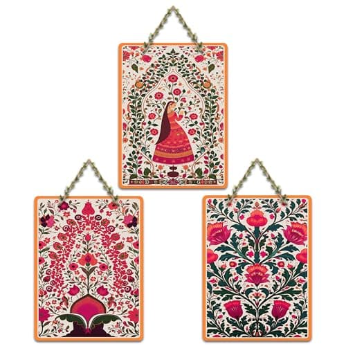 Artvibes Pichwai Floral Art Decorative Wall Art MDF Wooden Wall Hanger for Home | Handcrafted Art | Festive Decor | Wall Art Print | Paintings For Wall | Unique Gift Items (WH_96151N), Set of 3