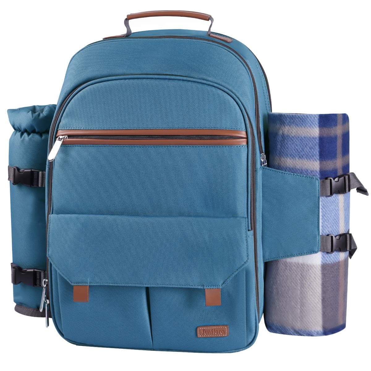 Sunflora Picnic Backpack for 4 Person with Blanket Picnic Basket Set for 2 with Insulated Cooler Wine Pouch for Family Couples Light Blue