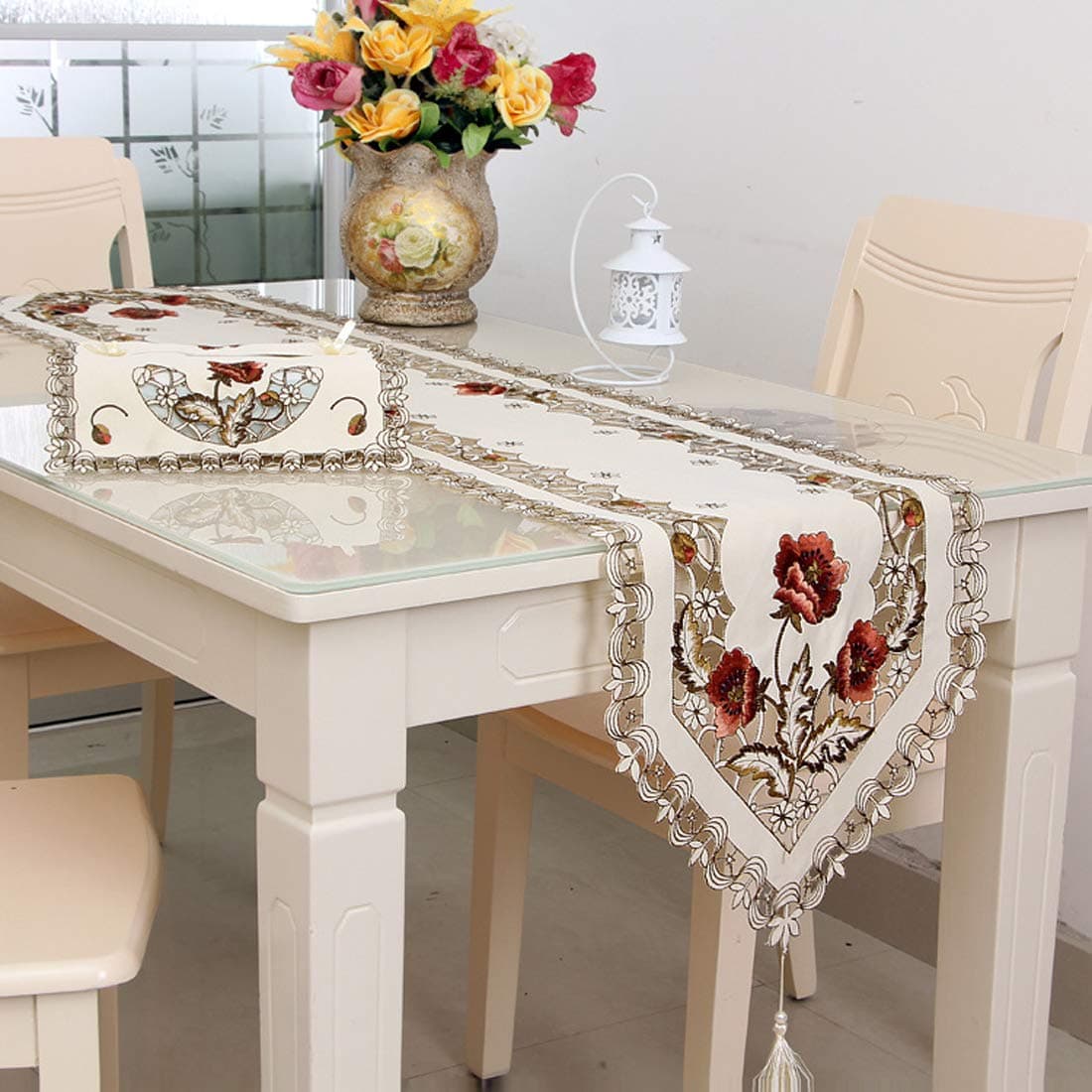LeLehome 15 Inch X 58 Inch Classic Table Runner Rose Flowers Embroidered Lace Dresser Scarf Table Top Home Dining Room Kitchen Wedding Party Festival Decoration Rufous Flower