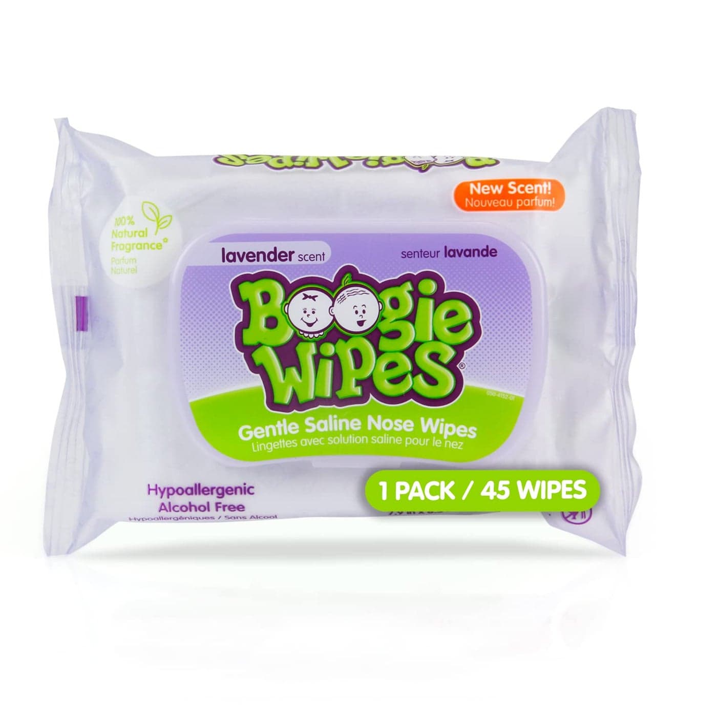Saline Nose Wipes by Boogie for Baby Kids Face Hand Body FSAHSA Eligible Made with Vitamin E Aloe and Natural Saline Lavender Scent 45 Count Pack of 1