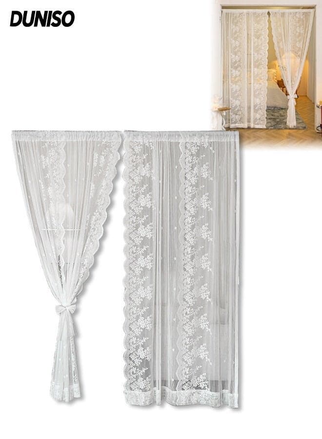 2 Panels Lace Curtains,Vintage Embroidered Floral Sheer Gauze Curtain,White Mesh Door Curtain,Semi-Sheer Voile Curtains,for Living Room,Entrance, Bedroom,Home Patio Villa,1.3*1.8m