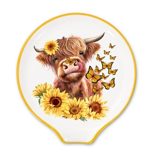 JarThenaAMCS 4.7inch Highland Cow Spoon Rest Watercolor Sunflower Butterfly Cow Small Coffee Spoon Holder for Fall Spring Summer Coffee Stirrers Teaspoon Bar Coffee Station Accessories Kitchen Decor
