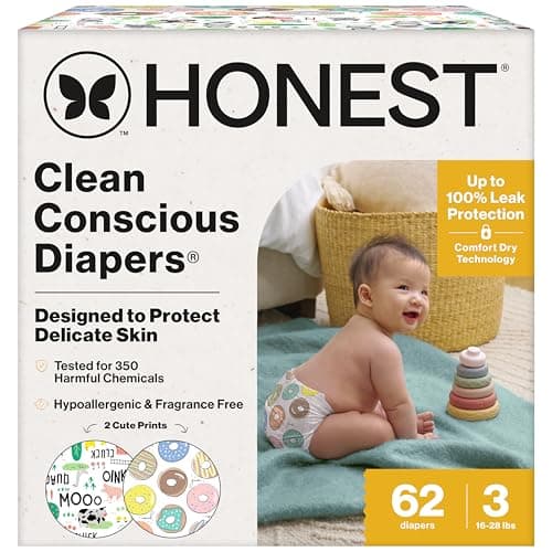 The Honest Company Clean Conscious Diapers for Delicate Skin | Up to 100% Leakproof | Hypoallergenic, Fragrance Free | Gender Neutral | Club Box, Size 3 (16-28 lbs), 62 Count (Prints May Vary)