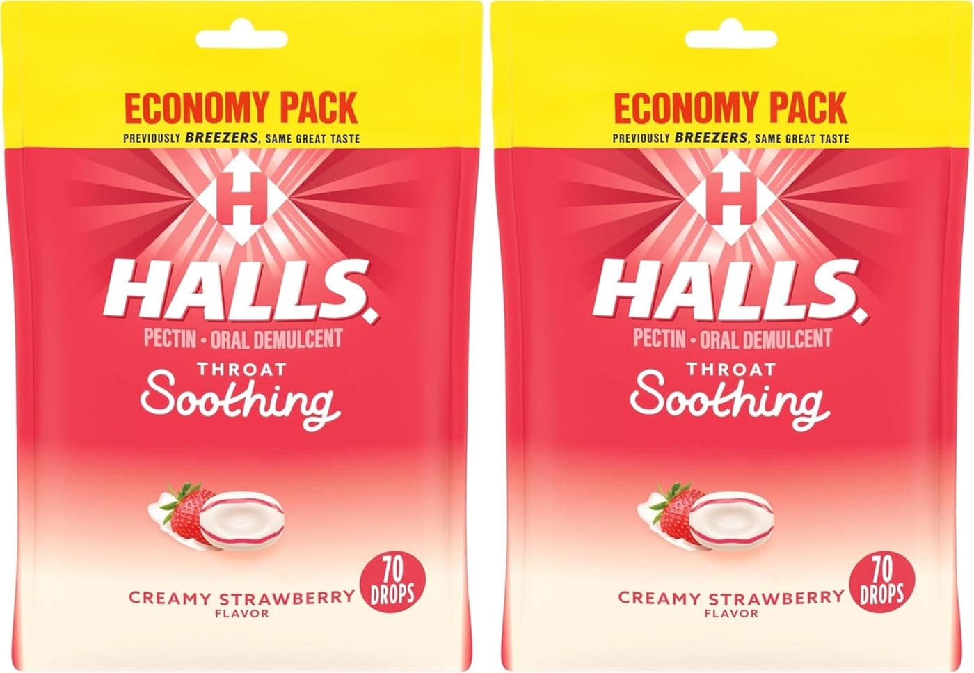 Halls Throat Soothing Formerly Breezers Creamy Strawberry Throat Drops Economy Pack 70 Drops Pack of 2