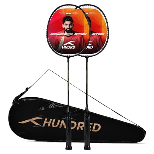 Hundred Aluminium Powertek Star Set of 2 Strung Badminton Racket with Full Cover (Black)