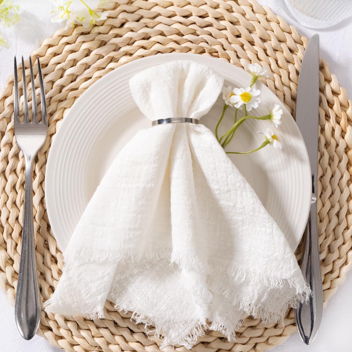 MLMC 10 Pack Ivory White Linen Napkins Boho Washable Cloth Napkins with Fringe Reusable Rustic Gauze Dinner Table Decor 1717 for Wedding Party Bridal Baby Shower Spring Decor