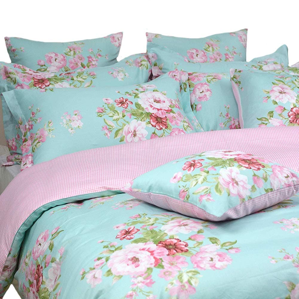 FADFAY Shabby Floral Duvet Cover Set Pink Grid Cotton Farmhouse Bedding with Hidden Zipper Closure 3 Pieces 1duvet Cover 2pillowcasesKingCalifornia King Size