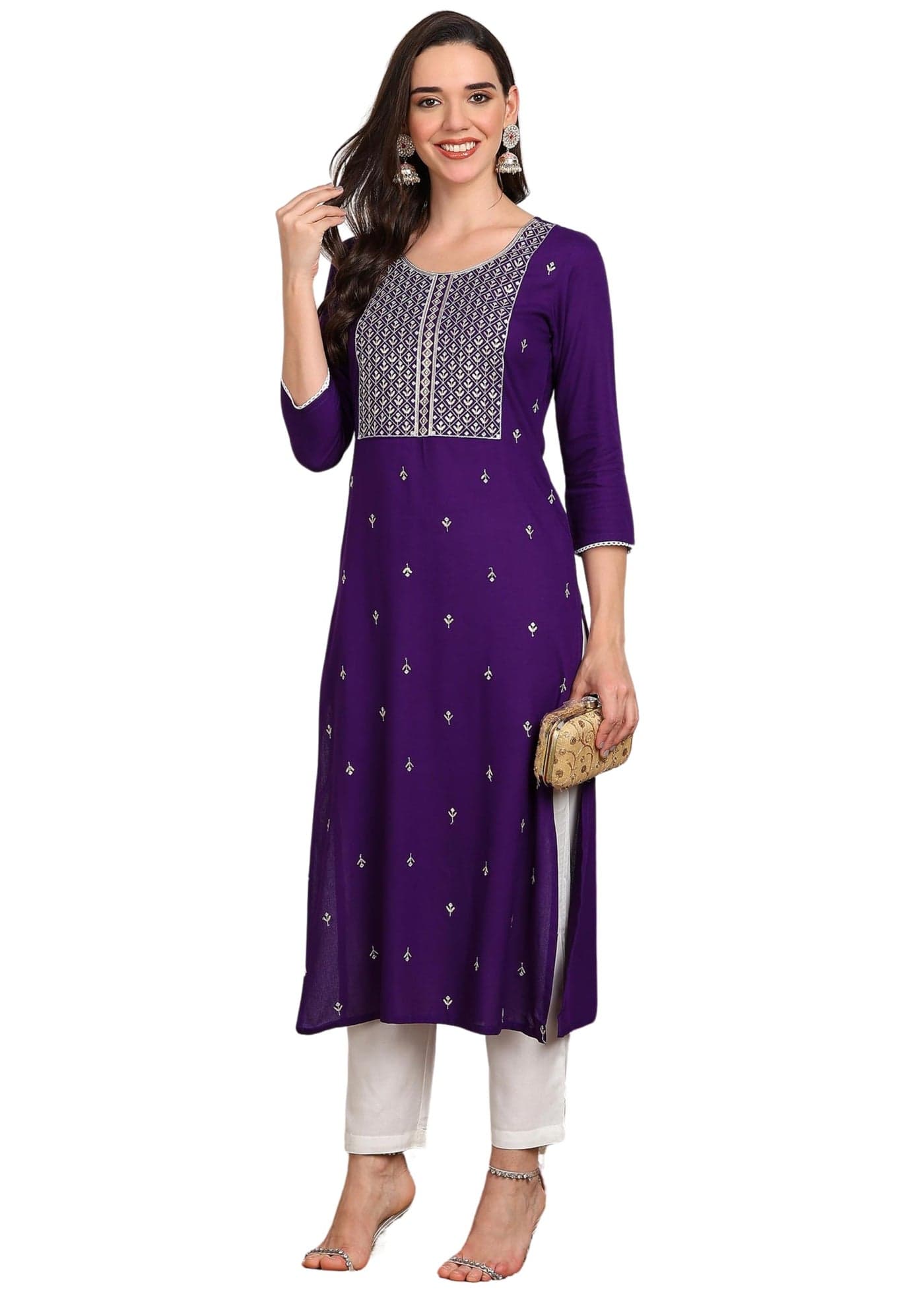 ELLITI Floral Embroidered Round Neck Sequinned Straight Kurta (Violet : 3XL)