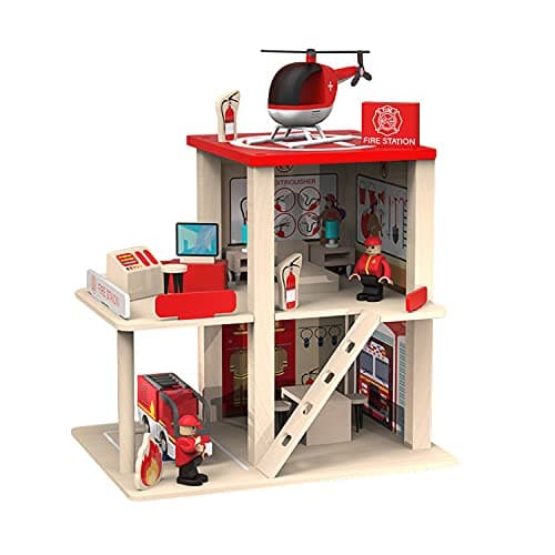 BBtinker Wooden Fire Station Playset Multicolor 3Level Pretend Play Dollhouse with Figures Truck Helicopter and Accessories Preschool Learning Educational Toys for Toddlers Kids Age 3 and up