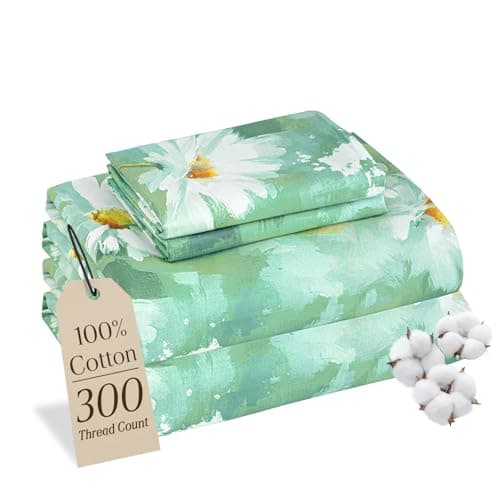 MCO 100% Cotton Sheet Set Floral Printed, 300 Thread Count Cotton Queen Sheet Set, 16" Deep Pocket, Breathable Cooling Sheets 4 Pieces (Queen, Daisy Dark Green)
