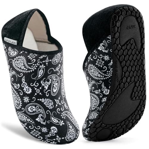 VIFUUR House Slippers for Women Men Slip on Indoor Barefoot Slipper Socks Fuzzy Cozy Sock Shoes for Home Bedroom Travel Black Cashew3839