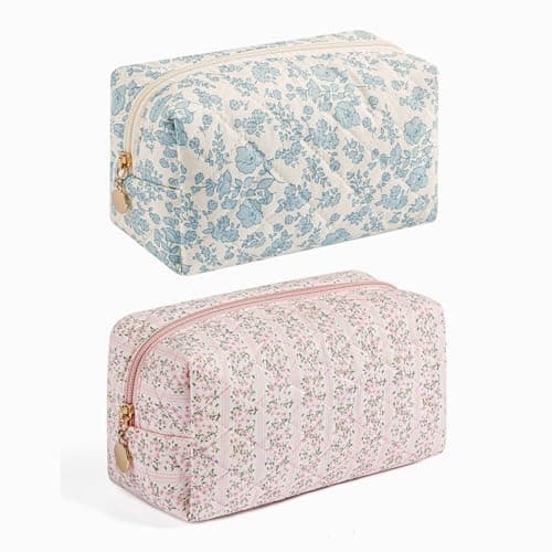 WHHJM Cute Floral Makeup Bag Small Cotton Quilted Cosmetic Bag Aesthetic Essential Bag Emergency Bag Gift for Women Girls Travel Accessories Two Pack Blue Pink Floral