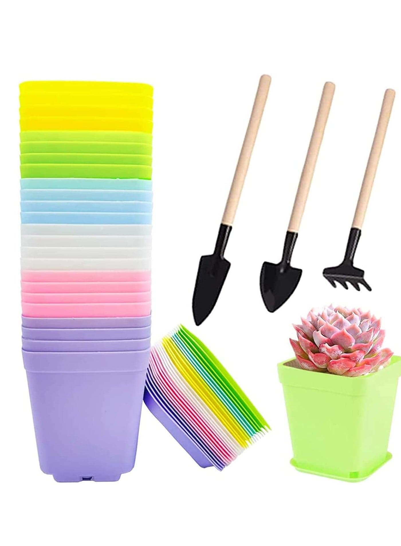 Plastic Plant Pots, Seedling Nursery with Saucers and 3 Mini Garden Tools, Succulent Planter Container, Room, Office, Balcony Decor, Multicolor 24 Pack 3 Inch