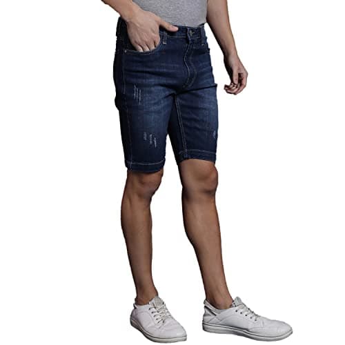 Campus Sutra Men’s Navy Blue Denim Shorts Solid Regular Fit for Casual Wear, Stretchable Fabric, Mid-Rise Shorts Crafted with Comfort Fit for Everyday Wear