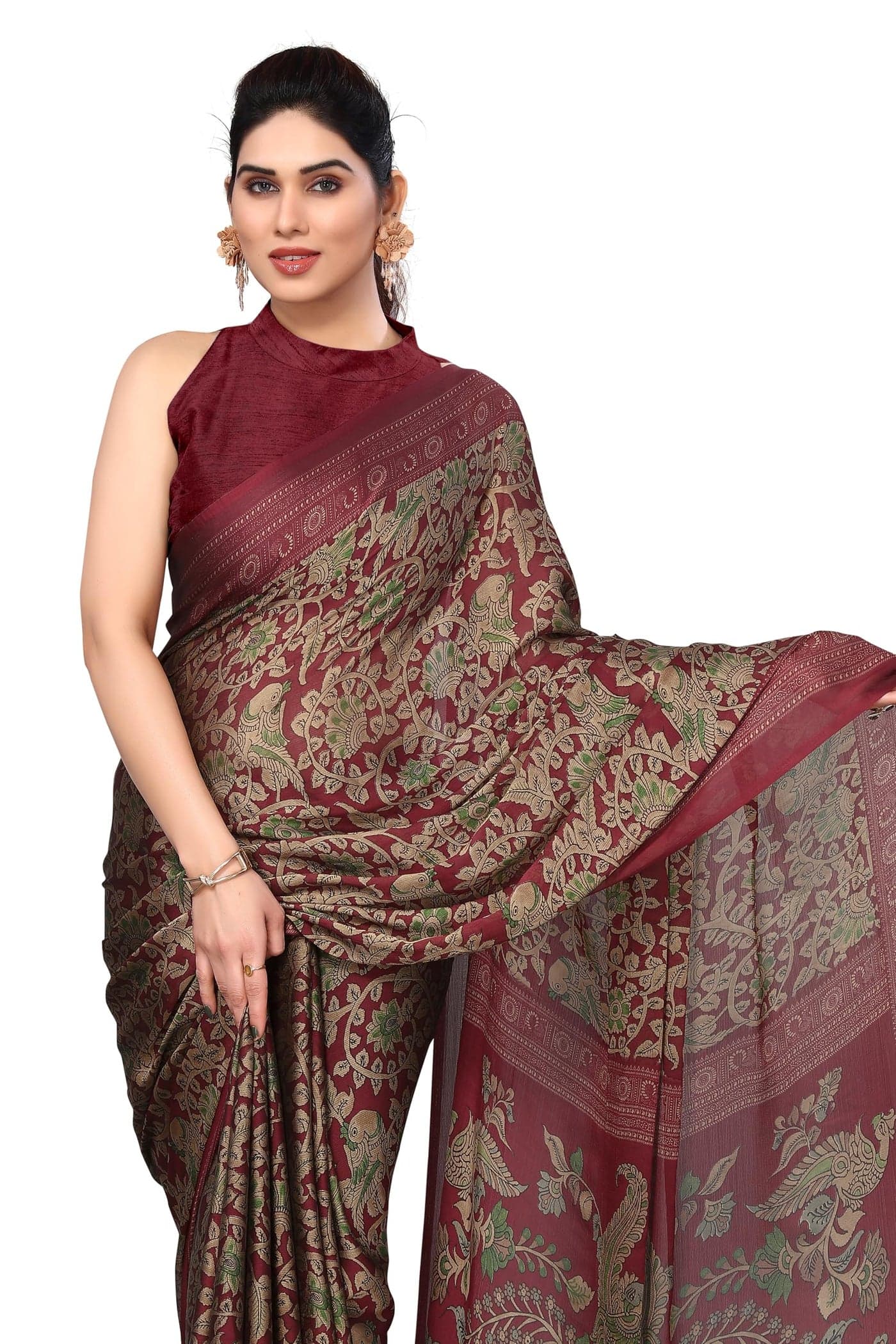 MIRCHI FASHION Chiffon Georgette Kalmkari Ethnic Motifs/Peacock Printed Sarees for Women with Blouse Piece (38284-Maroon, Beige)
