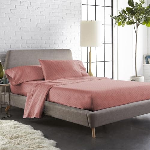 Blue Dahlia 100% Cotton, King Size/Double, Elastic Fitted Bedsheet (72”x78”) + 2 Pillow Covers, Silky Smooth Feel, 12” Deep Mattress Pocket, 300TC Dotted Premium Bedsheet, Colour: Soft Red