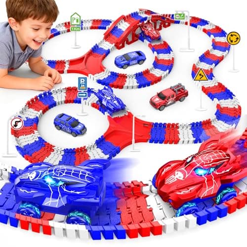 Spider Toys for Boys 46 Create A Spider World Road Race Tracks with 2 Cool Spider Cars Toys for Kids Boys Flexible Train Tracks Set for Age 3 4 5 6 7 8 Year Up Old Boy Girls Birthday Gifts