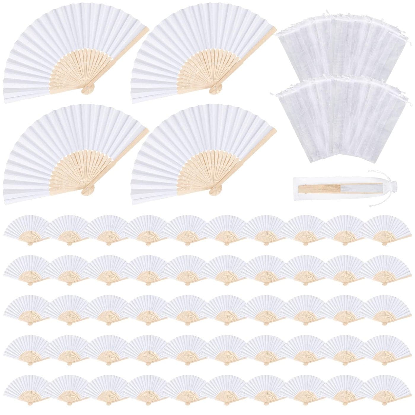 MCEAST 60 Pieces Wedding Handheld Paper Fans White Bamboo Folding Paper Fans with 60 Organza Bags Foldable Cool Wedding Favors Wedding Fans for Guests Party Favors DIY Decoration