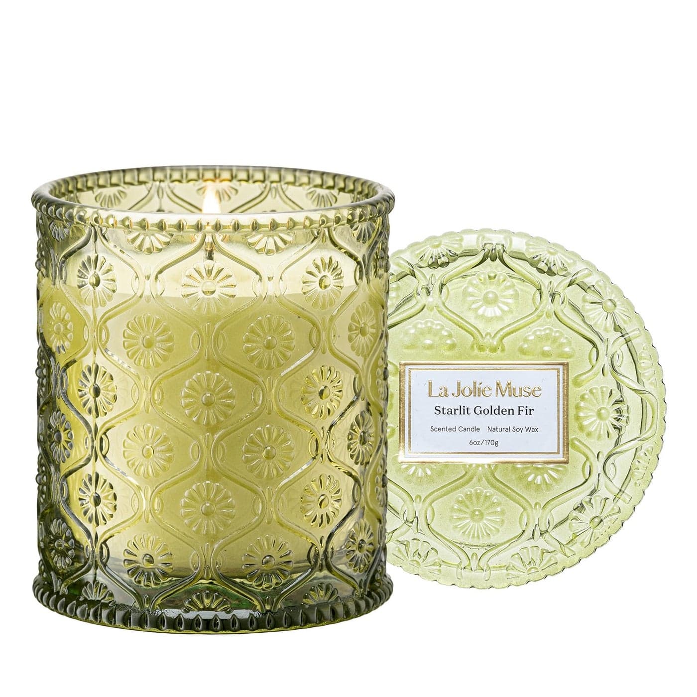 LA JOLIE MUSE Starlit Golden Fir Scented Candle Cedarwood Patchouli Fir Balsam 6 oz Soy Wax 40 Hours Clean Burn Fresh Scent Candles for Home GiftReady for Hosts Gatherings