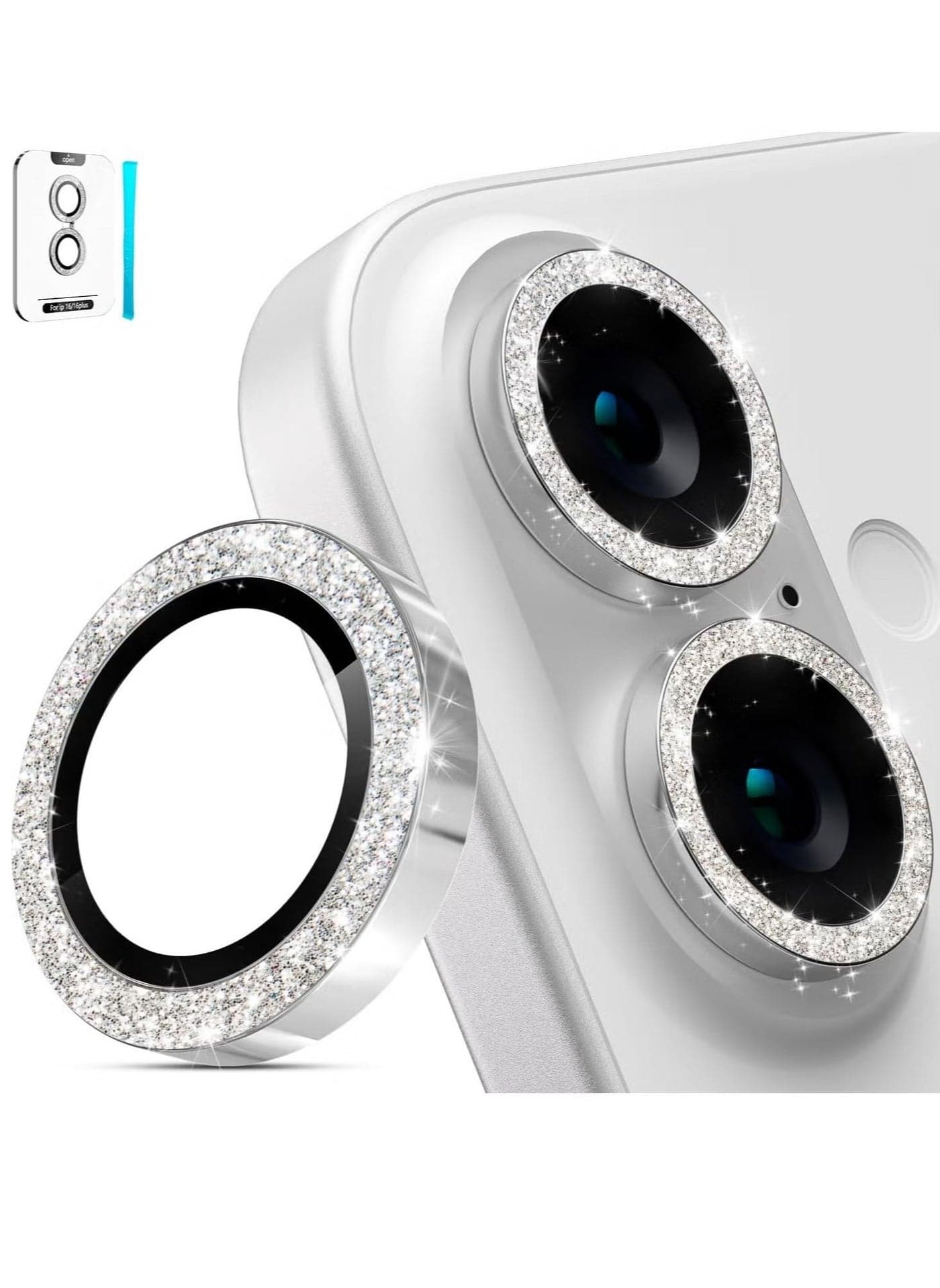 IP 16/16 Plus Camera Lens Protector – AR+AF Tempered Glass 9H Anti-Scratch Metal Individual Lens Cover, HD Clear Camera Accessories (Glitter Silver)