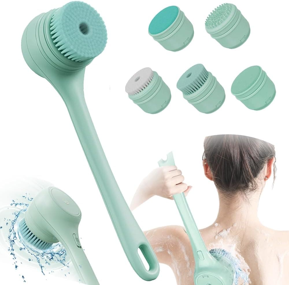 Electric Body Brush Back Scrubber for Shower Ipx7 Waterproof Back Scrubber for Shower Auto Spinning Exfoliating Massage Bath Brush RechargeableRotating Body Brushes with 5 Brush Heads