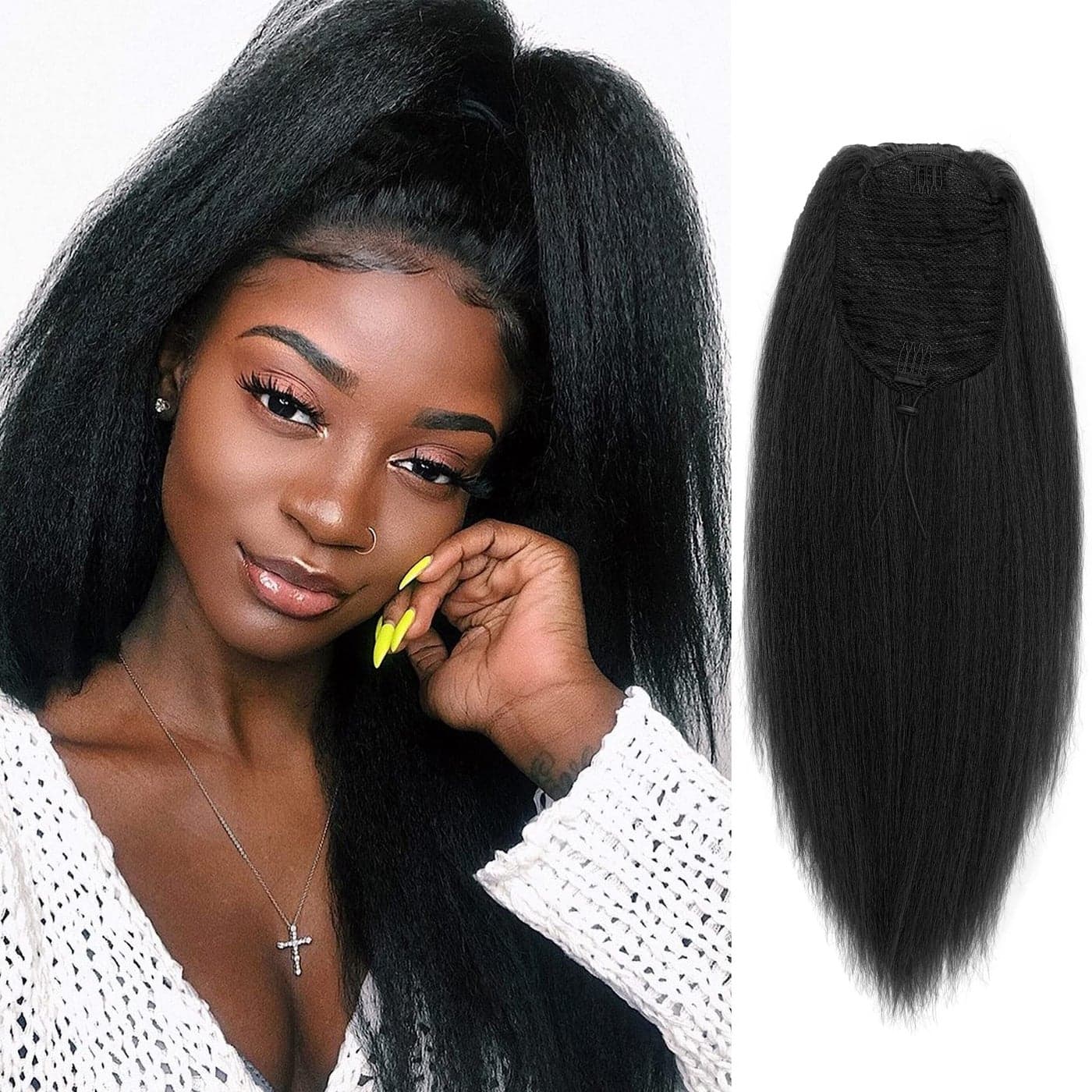 Allyreetress Natural Black Yaki Drawstring Ponytail Extension for Black Women Kinky Staight Up Down Ponytails Synthetic Hair Extensions 20 Inches Clip in 1B Black