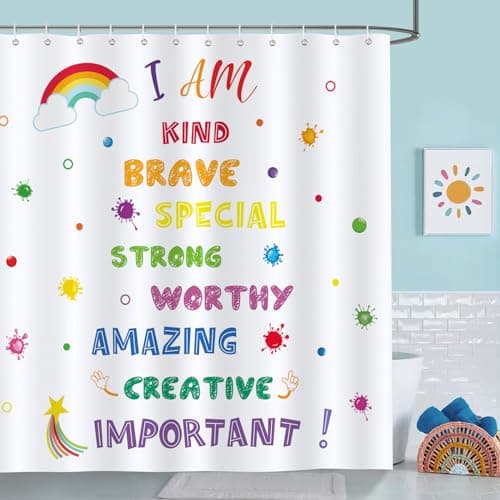 Bonhause Kids Shower Curtain, Cute Rainbow Polka Dot Quotes Bathroom Curtain 72x72 Inch Polyester Fabric Waterproof Bath Curtain with 12 Hooks
