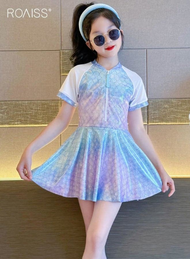Girls One Piece Mermaid Print Swimsuit, Short Sleeve Zippered Skirted Swimwear with Built-in Shorts, Stylish Quick-drying Bathing Suit for Girls, Suitable for Swimming, Beach or Any Water Activities