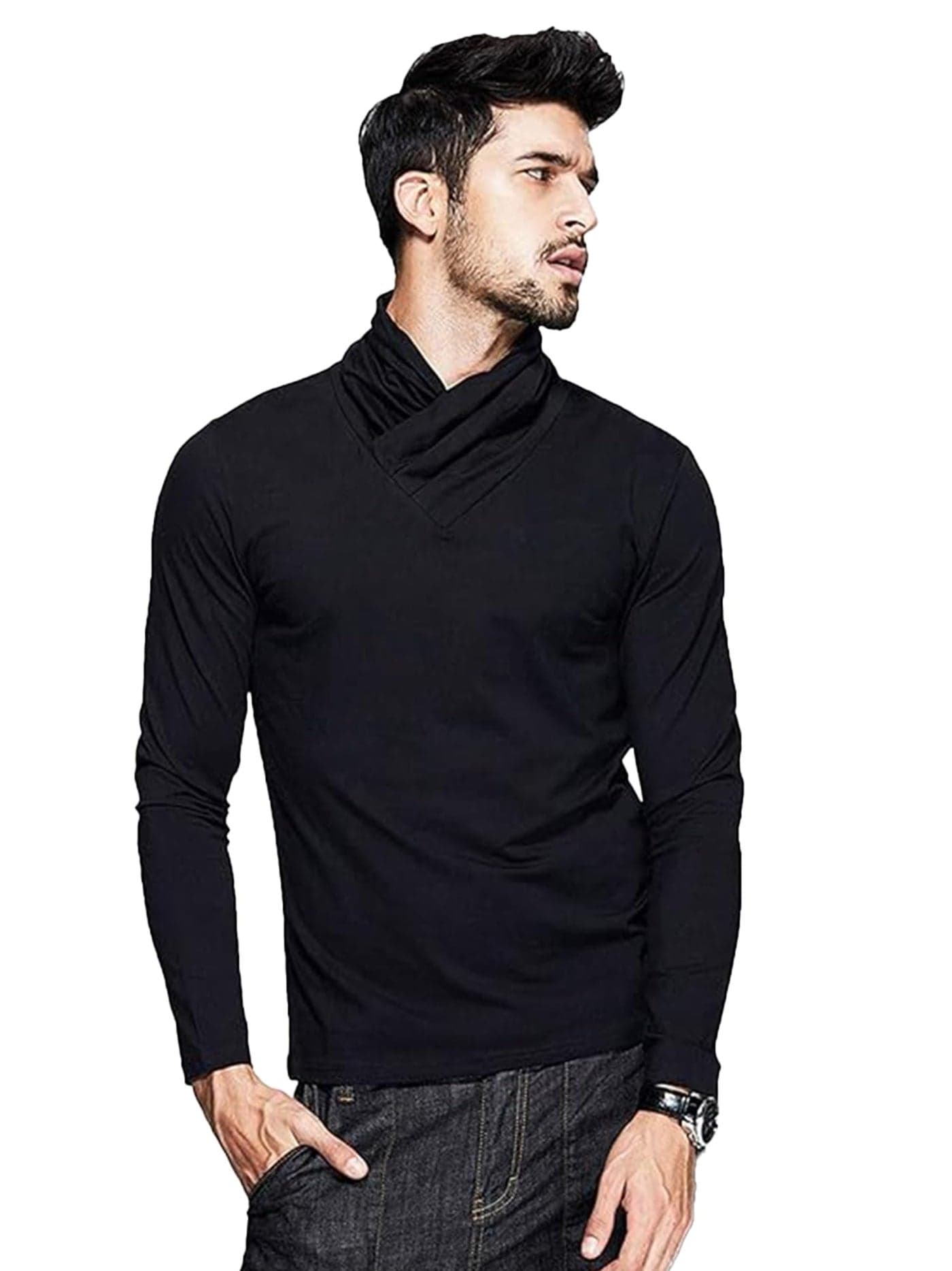 fanideaz Mens Long Sleeve Henley T Shirt Cotton Slim Fit Comfortable Shirt_1BK_L_IconicBlack