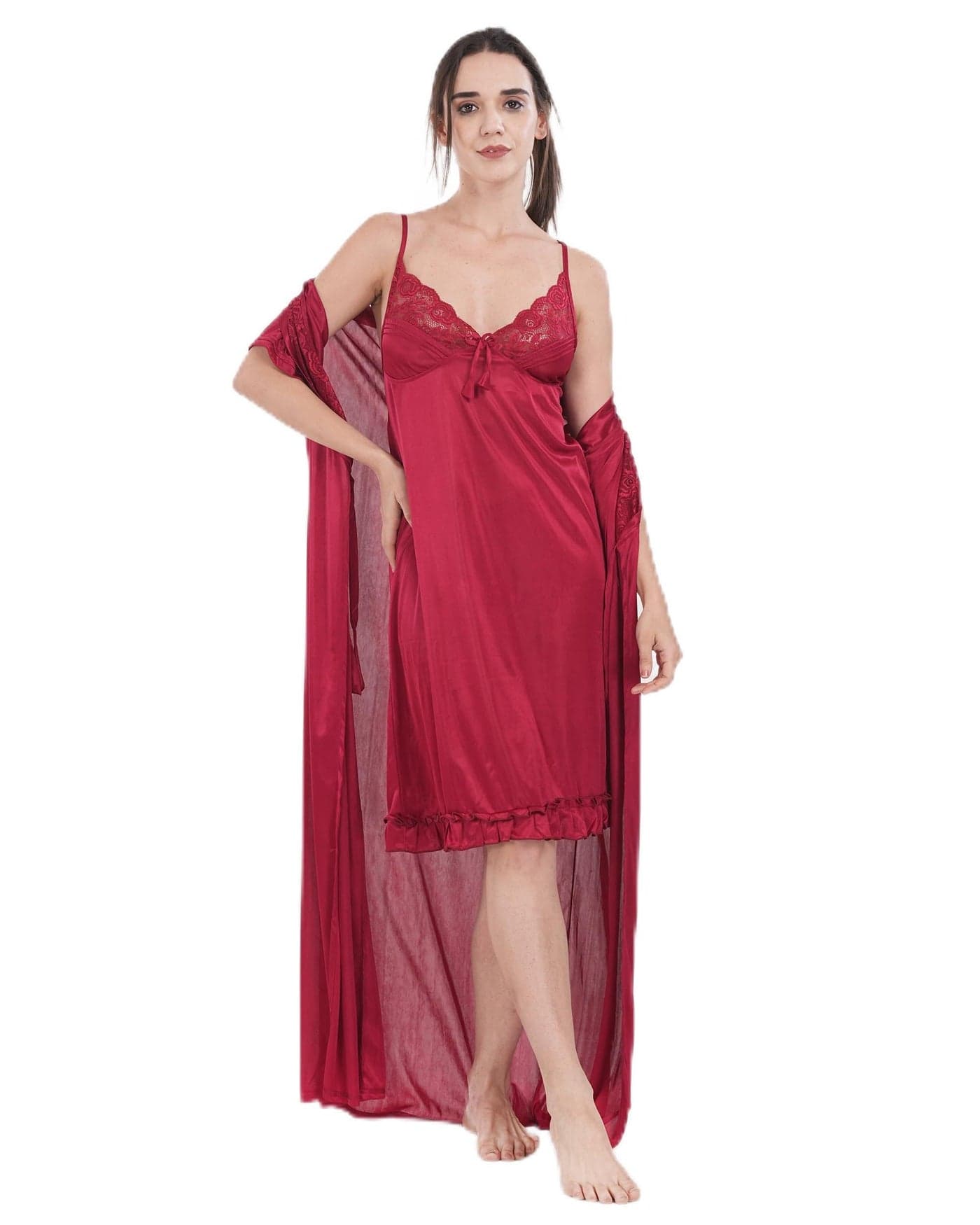 AWANI TRENDS Women's Satin Solid Maxi Length Nighty with Robe | 2-Piece Robe & Gown -Red