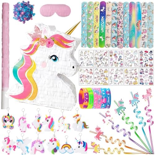 FIGEPO Unicorn Pinata Party Favors for Girl Birthday Party Supplies with Unicorn Pinata Stickers Slap Bracelets Keychains Silicone Bands and Straws White