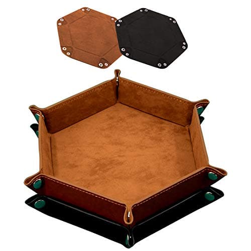 SIQUK 2-Piece Dice Tray - PU Leather Folding Hexagon Dice Holder for RPG, DND and Other Table Games (Camel and Black)