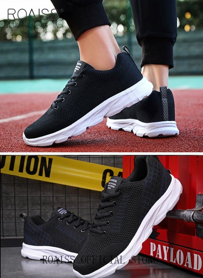 Men's Lace-Up Casual Shoes Round Toe Flyknit Mesh Shoes Lightweight Non-slip Running Shoes Comfortable Sports Shoes Low-Top Sports Shoes Black Suitable for Everyday Wear and Outdoor Activities