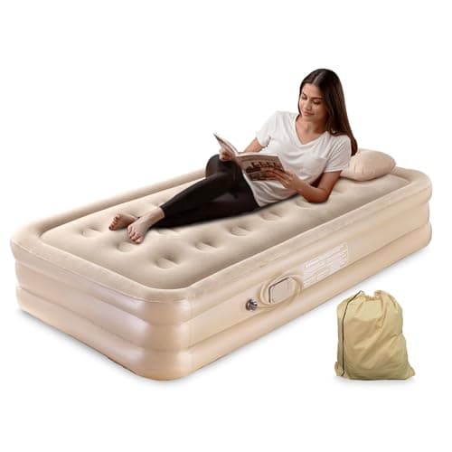 Robustt Polyvinyl Chloride (PVC) Portable Air Mattress with Built-in Pump (190 x 100 x 40 cms)| Double Layer Inflatable Bed for Home, Camping & Guest Use | Ultra-Comfortable Waterproof Airbed, Beige