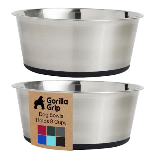 GORILLA GRIP Dog Bowls Food Grade 304 Stainless Steel Holds 8 Cups Each 64 fl oz Food and Water Bowl for Feeding Dogs and Cats Dishwasher Safe Rust Resistant BPA Free Rubber Base Set of 2 Black
