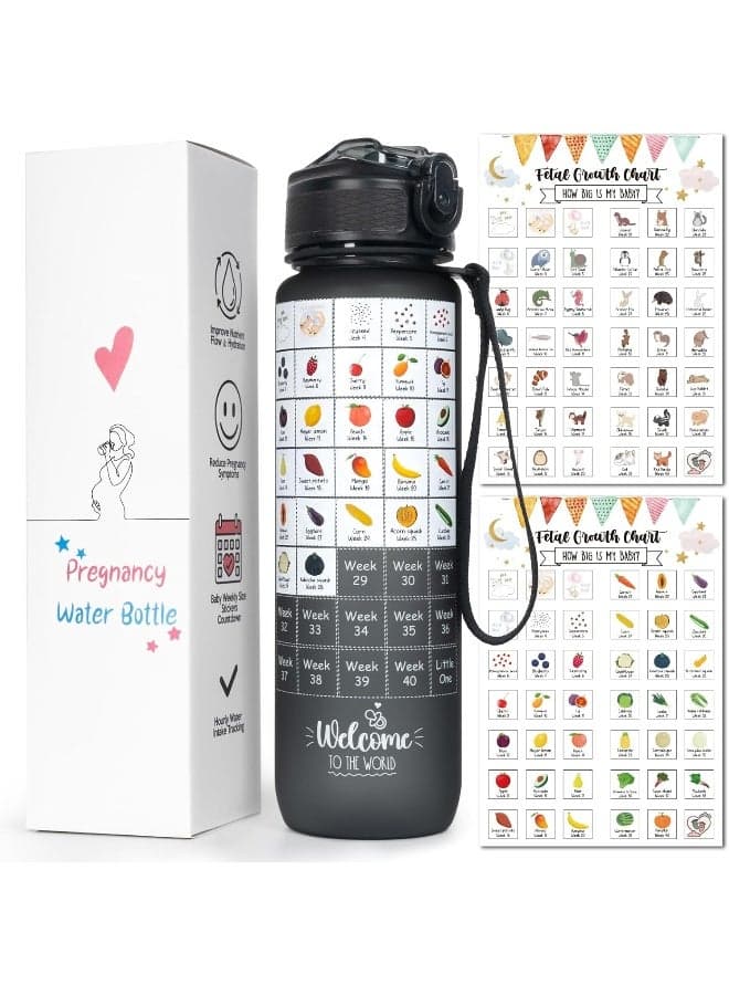 Pregnancy Water Bottle Tracker(Black), 1st Trimester Must Haves Gift for First Time Moms, with 2 Different Weekly Stickers, Early Essentials Gifts for Pregnant Women, Maternity, BPA Free