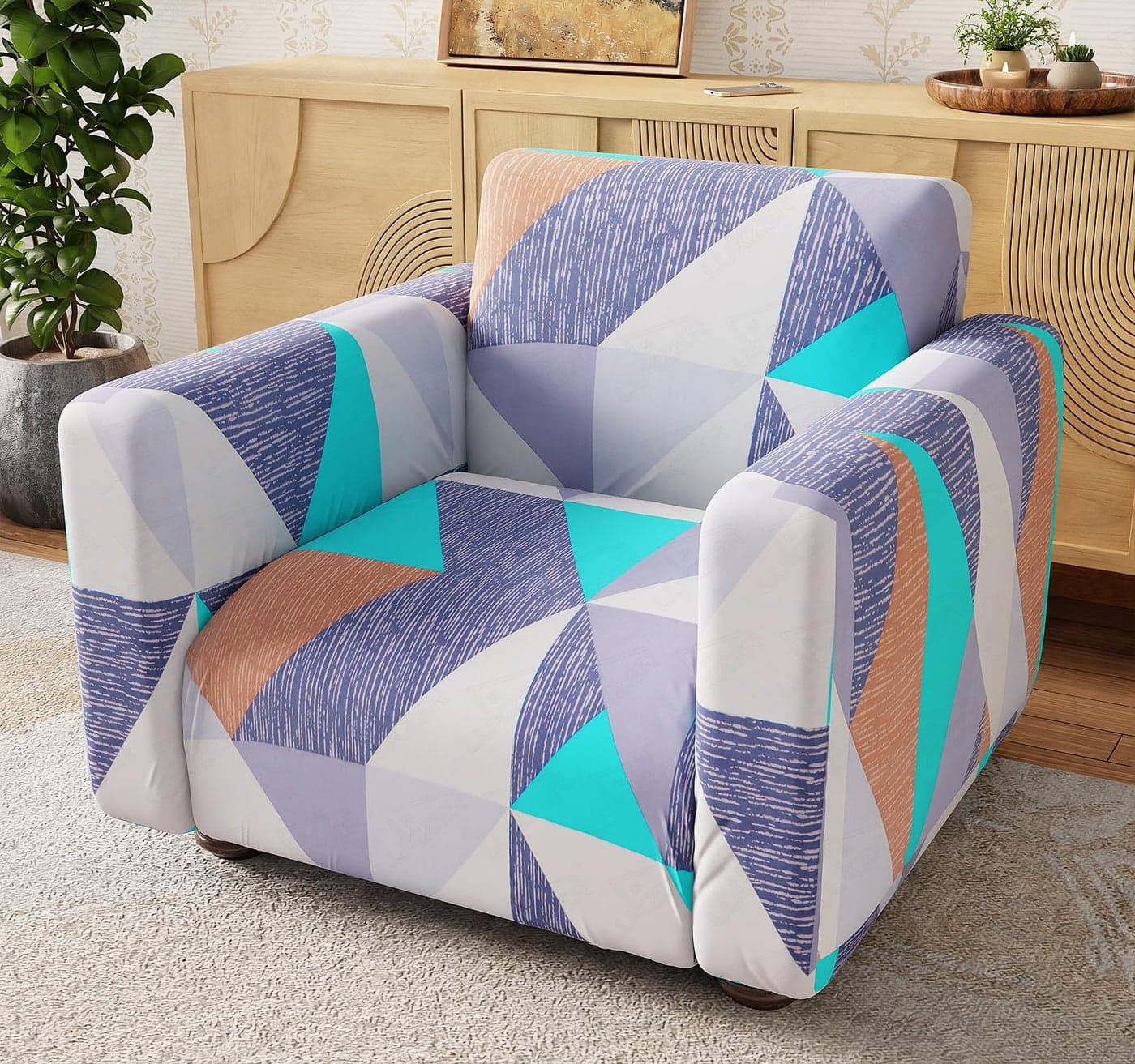 Lukzer 1 Seater Prism Light Blue Universal Sofa Cover | 360° Fully Covered Anti-Slip Washable Couch Cover Protecter | 140 GSM Stretch Fit Polyester + Spandex Slipcover (90-140cm/SC-046-01)