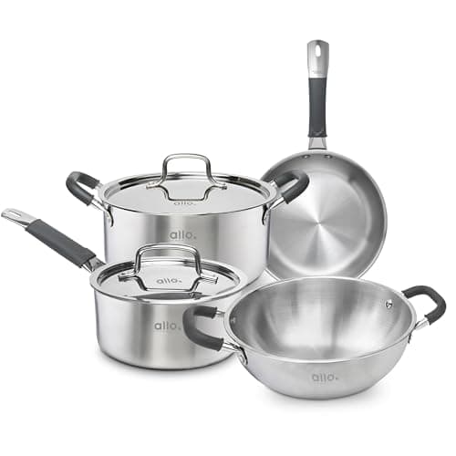 Allo Stainless Steel Triply Cookware Set | Kadai (20 Cm/1.5 L)+ Fry Pan (20 Cm/1 L)+ Saucepot (20 Cm/3.2 L)+ Saucepan (14 Cm/1 L) | Cooking Combo Stir-Deep-Fry/Induction Friendly Set of 8 | Nonstick
