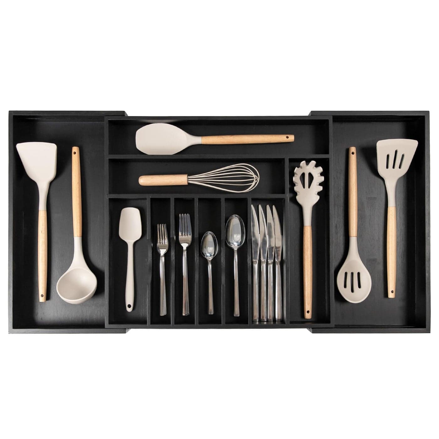 KitchenEdge Premium Silverware Flatware and Utensil Organizer for Kitchen Drawers FoodSafe Contract Grade Expandable from 18 to 33 In Black Bamboo