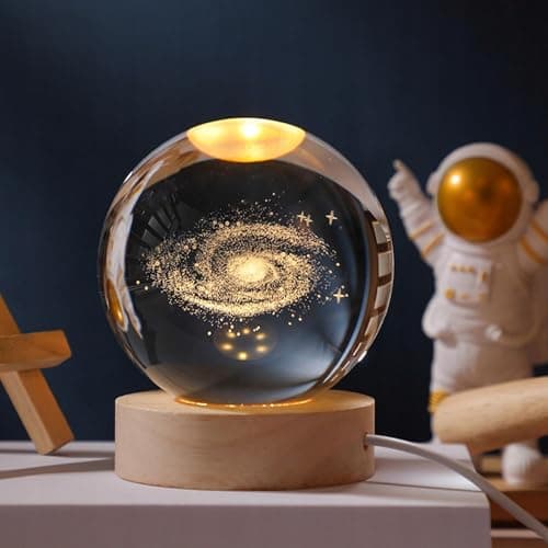 Quace Galaxy Solar System Crystal Ball Night Light, Glass Ball Night LED Lamp with Woodern Base,Decorations Gifts for Men,Women,Kids,Boys,Girls,Teens