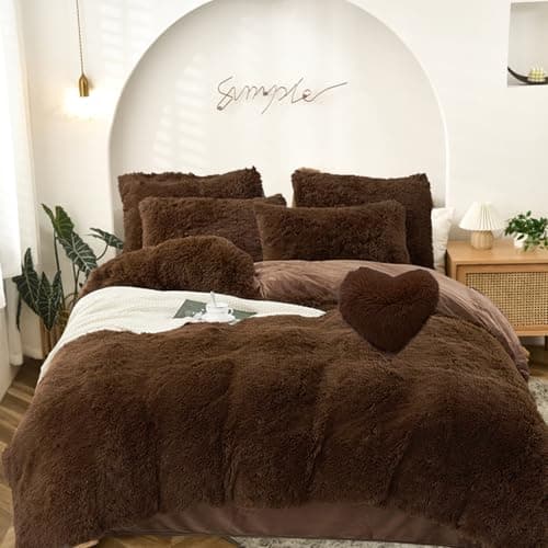 MorroMorn 5 PCS Shaggy Duvet Cover Bedding Set - Fluffy Comforter Cover Long Faux Fur Luxury Ultra Soft Cozy (Brown, Full/Queen)