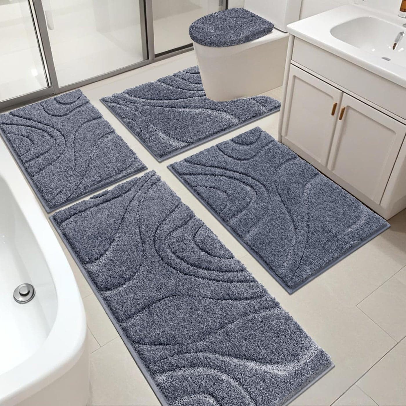 HEBE Bathroom Rugs Sets 5 Piece Soft Absorbent Microfiber Bath Mat for Bathroom Non Slip Washable Bath Rug Set with Toilet Cover Bath Runner and UShaped Contour Toilet Rug Dark Grey
