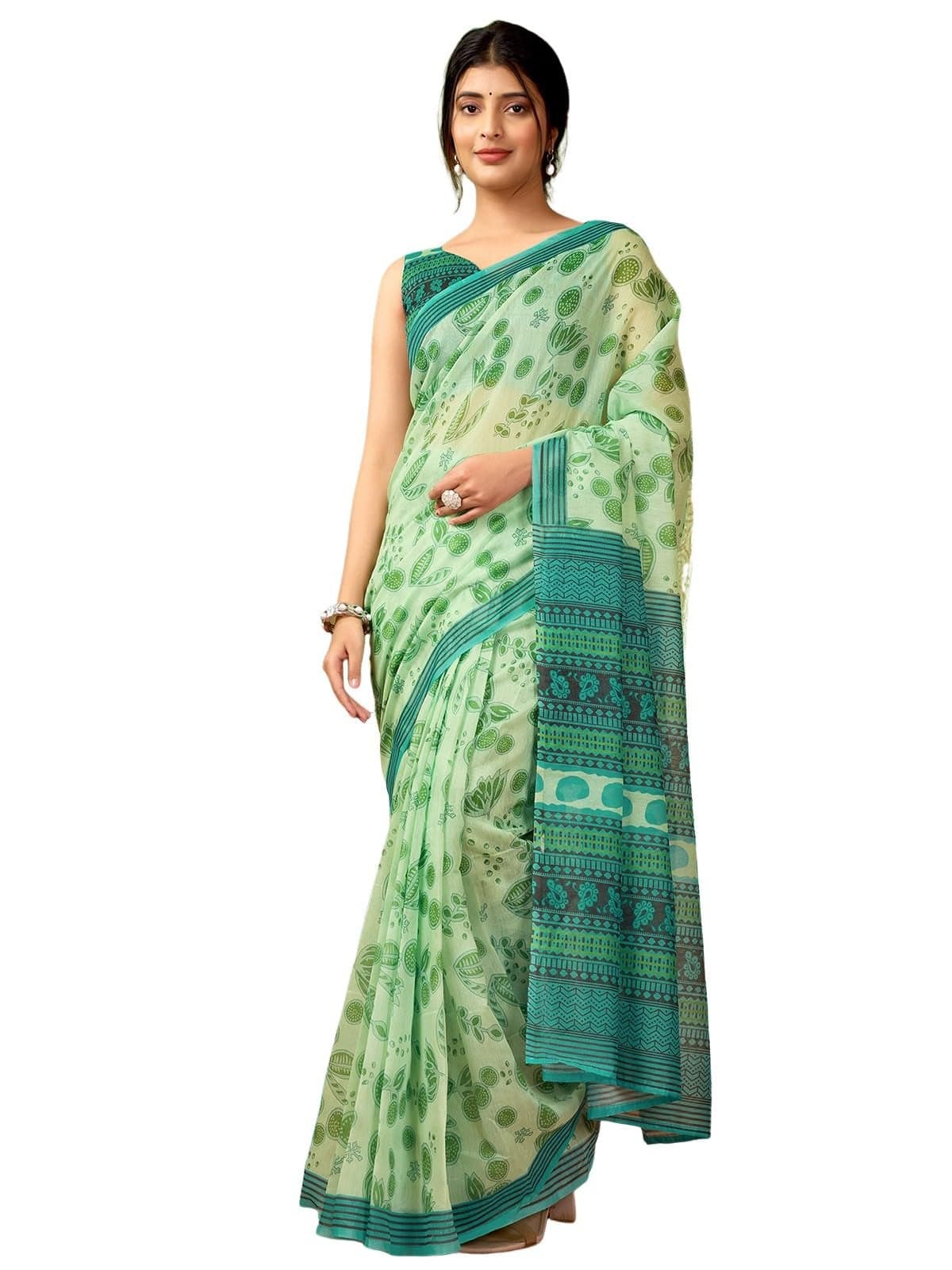 Satrani Women's Chanderi Cotton Printed Ready To Wear One Minute Pre Pleated Readymade Saree with Unstitched Blouse Piece (32RS314N_Green2)