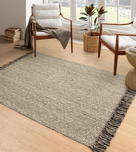 Collive 4x6 Area Rug, Natural/Black Woven Cotton Washable Modern Bedroom Rugs, Boho Dining Room Door Rug Carpet with Tassel for Living Room Nursery Room Office, Outdoor Rug for Patio Hallway Decor