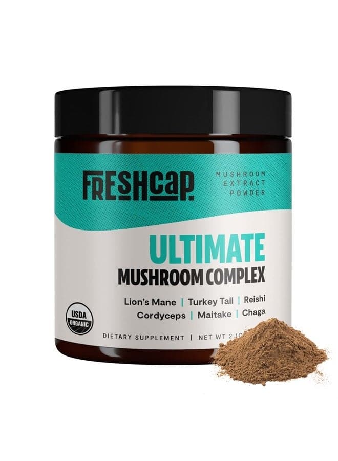 FreshCap - Ultimate Mushroom Complex - Pure Extract Powder - USDA Organic - Lions Mane, Reishi, Cordyceps, Chaga, Turkey Tail, Maitake -60g- Supplement - Add to Coffee– Real Fruiting Body–No Fillers