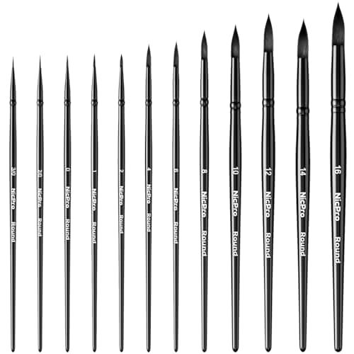 Nicpro 12pcs Watercolor Paint Brushes Round Pointed Tip Paint Brush Set Professional Soft Synthetic Squirrel Paint Brushes Artist Painting Brushes for Watercolor Inks Gouache Acrylic Oil