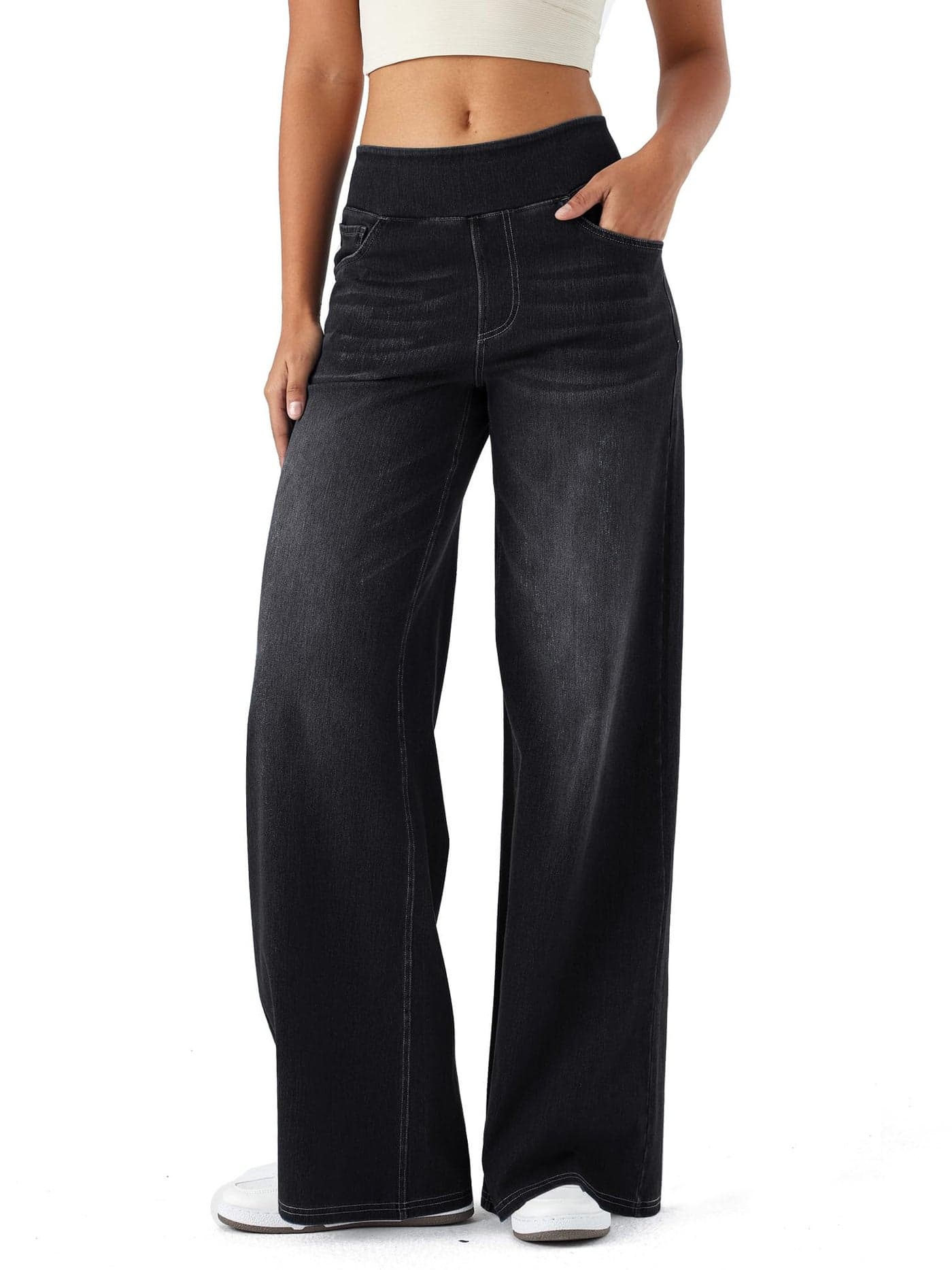 Keolorn Large Denim Wide Leg Pants for Women,High Waisted and Tummy Controlling,Straight Tube,Loose fit,Suitable for Casual Yoga and Fitness High Elasticity Fashion Jeans with Pockets(DarkGreyXXL)