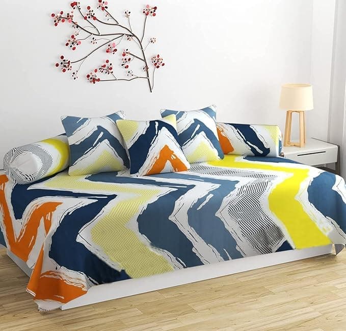 Sands® 180 TC Diwan Cover Set, 1 Single Bedsheet (60 x 90 inch), 5 Pillows (16 x 16 inch), 2 Bolster Covers (16 x 32 inch) (Painter Multi)