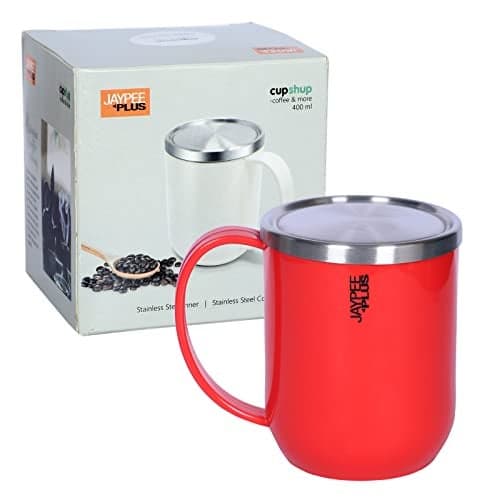 Jaypee Plus Cupshup Coffee Mug with Lid Stainless Steel Inner & Cover Insulated Tea Cup | BPA Free | Food Grade |Heat Retention|Suitable for Gift, 400 ml, Red