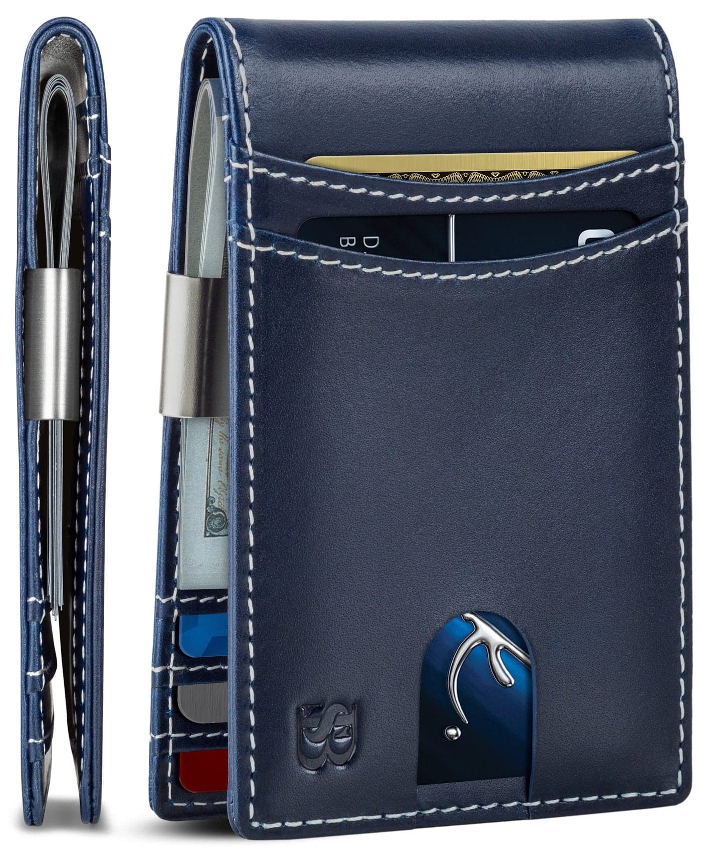 SERMAN BRANDS Mens Money Clip Wallet. RFID Blocking Slim Front Pocket Wallets for Men, Full Grain Leather RFID Minimalist Card Holder (Atlantic Blue Navigator)